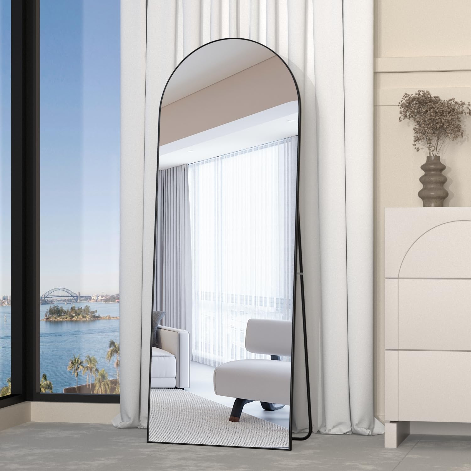 Full Length Mirror, 56x16 Arch Mirror Floor Mirror with Stand, Black Arched Full Body Standing or Leaning Mirrors for Bedroom, Living Room